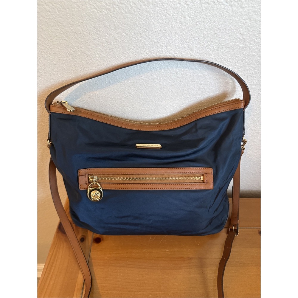 Michael Kors Kempton Tote Navy Nylon & Brown Trim Gold Tone Hardware Accents